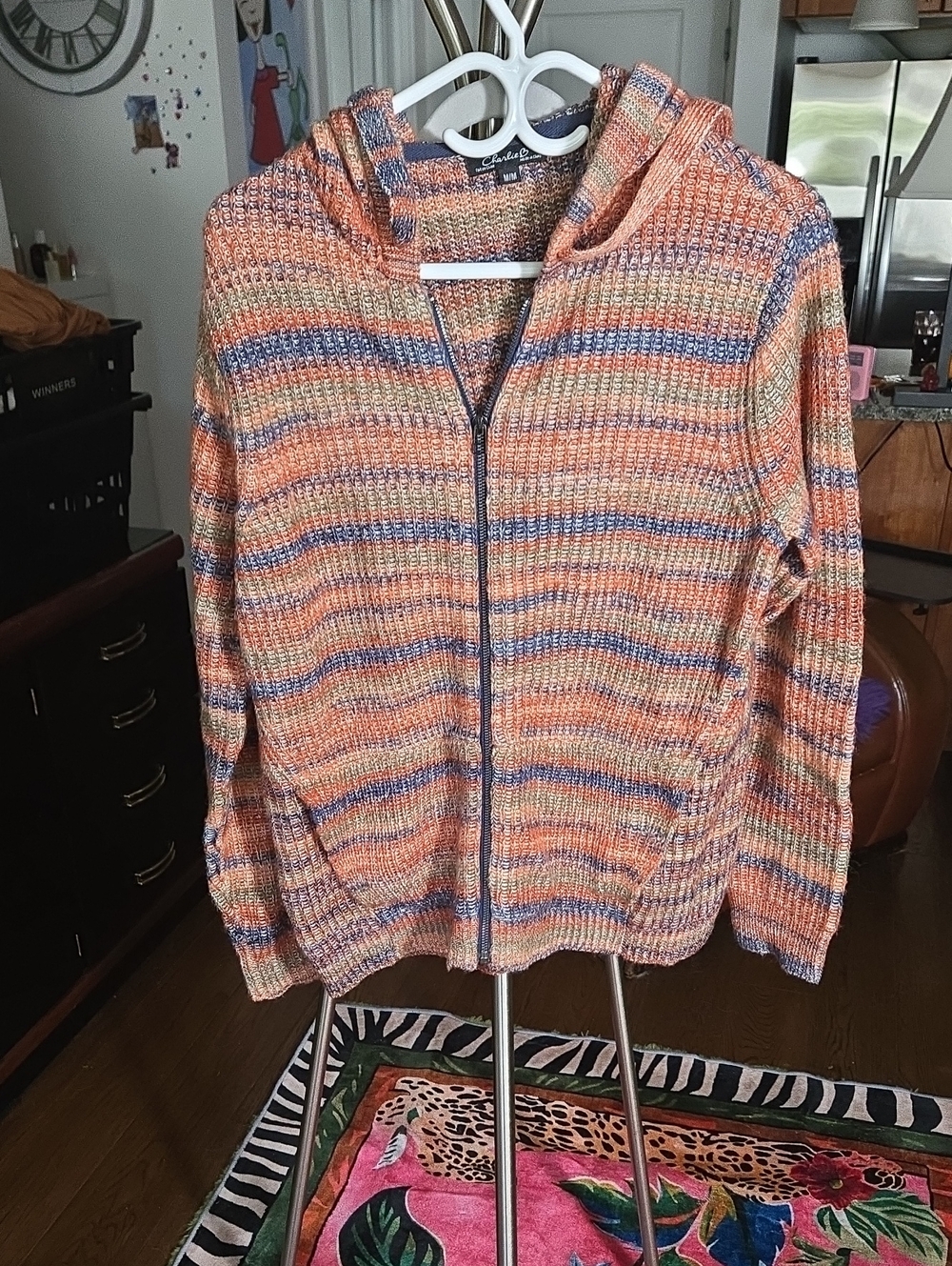Striped Hooded Zip Cardigan Sweater in Oranges and Blues With Side.pockets